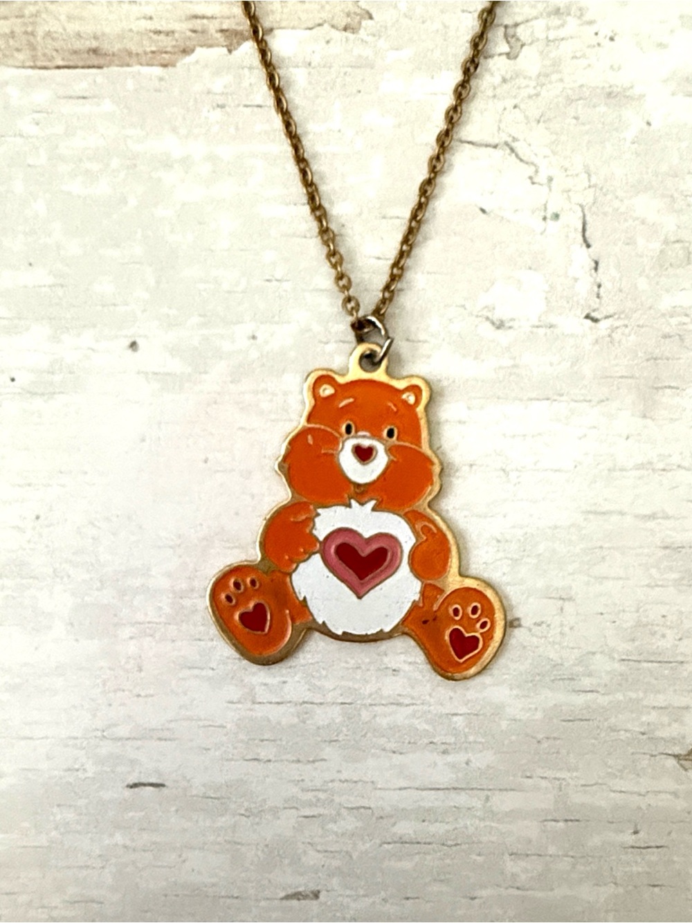 Care Bears Vintage Necklace Love Heart Bear Orange Gold Chain